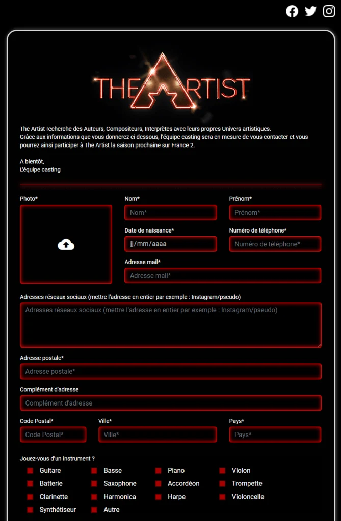Première partie du formulaire d'inscription au casting de The Artist