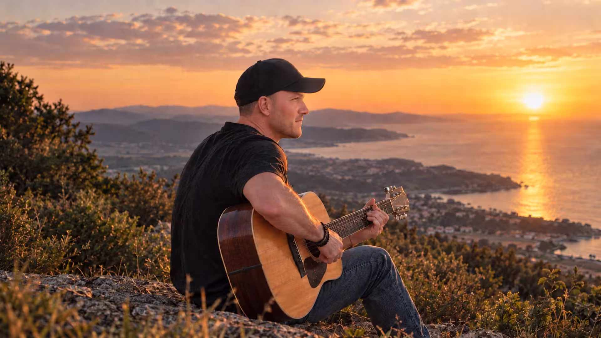 Yaovann, guitare acoustique à la main, assis face au coucher de soleil au-dessus de la baie